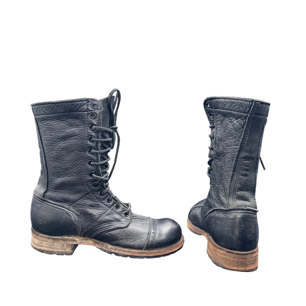 Vintage USA Made Leather Combat Boots Men 6.5 Women 8 Black Lace Up Cap Toe